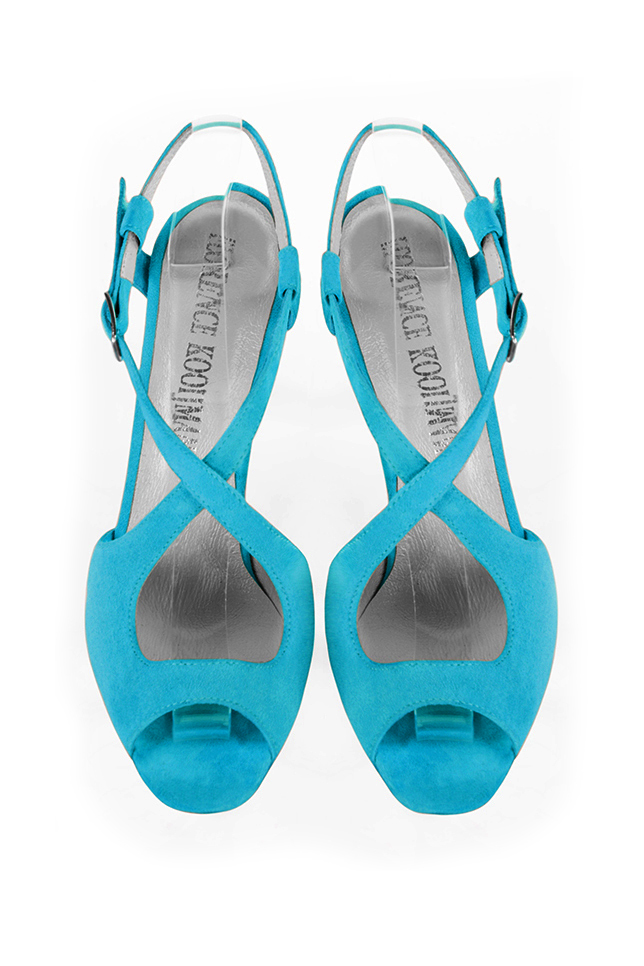 Women's turquoise blue elegant cross straps sandals. Round toe. High slim heel - Top view